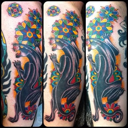 Traditional Panther With Flowers Tattoo Design For Leg Calf By Guen Douglas