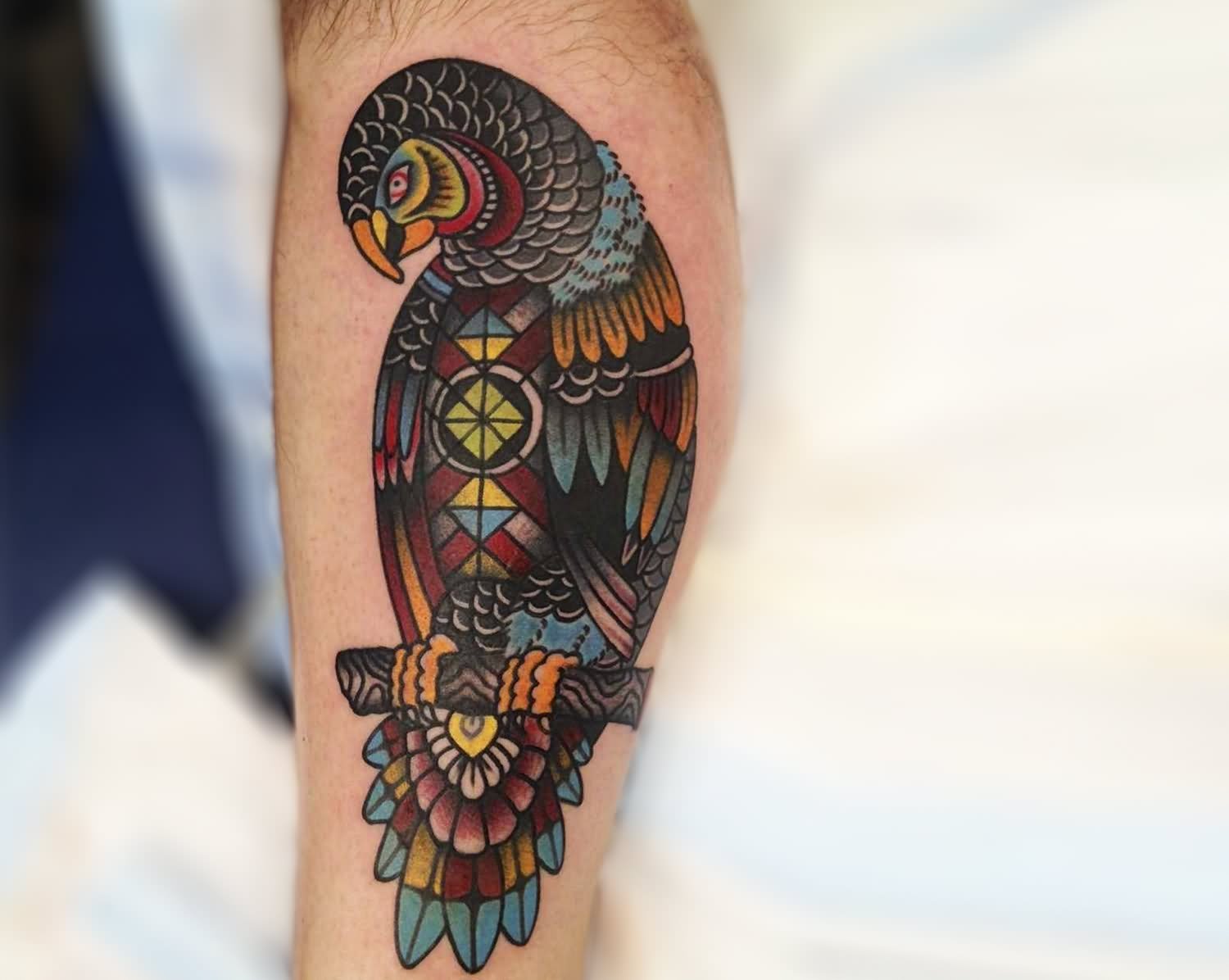 Traditional Parrot Tattoo Design For Leg Calf