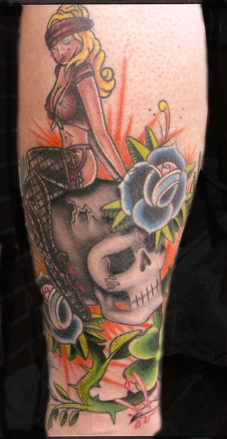 Traditional Pin Up Girl With Skull And Rose Tattoo Design For Leg Calf