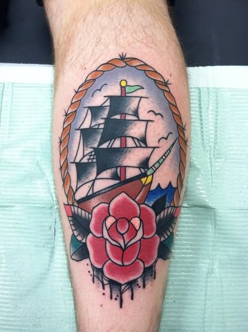 Traditional Ship In Frame With Rose Tattoo Design For Leg Calf By Brenton Potter