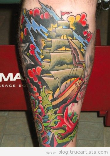 Traditional Ship Tattoo Design For Leg Calf