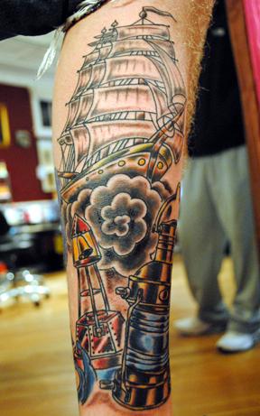 Traditional Ship With Lighthouse Tattoo Design For Leg Calf
