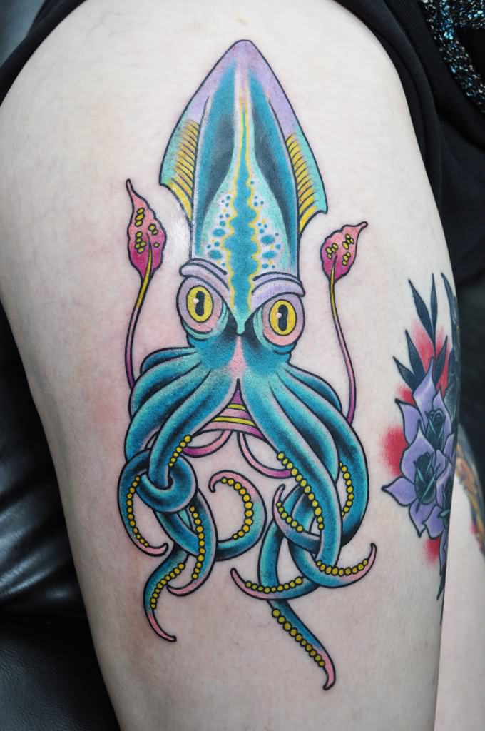 Traditional Squid Tattoo On Half Sleeve