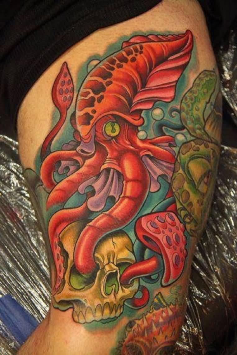 Traditional Squid Tattoo On Left Half Sleeve