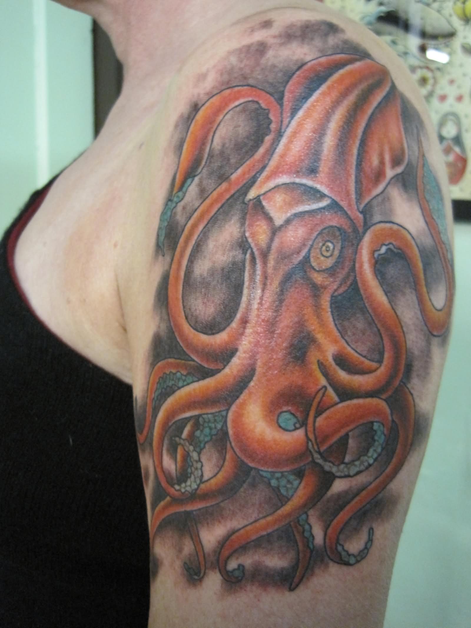 Traditional Squid Tattoo On Left Shoulder
