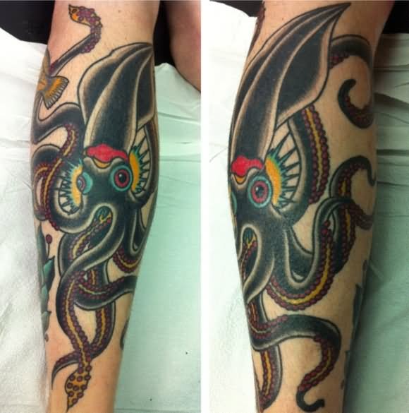 Traditional Squid Tattoo On Leg Sleeve by Marco