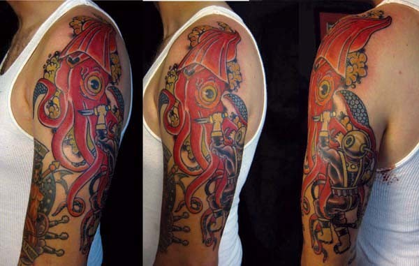 Traditional Squid Tattoo On Man Left Half Sleeve