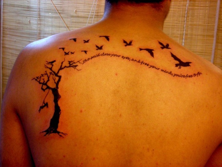 Tree With Flying Birds Tattoo On Upper Back