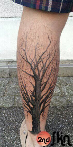 Tree Without Leaves Tattoo On Left Leg Calf