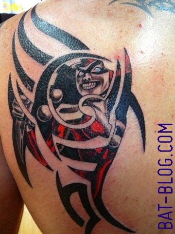 Tribal Harley Quinn Tattoo On Back Shoulder