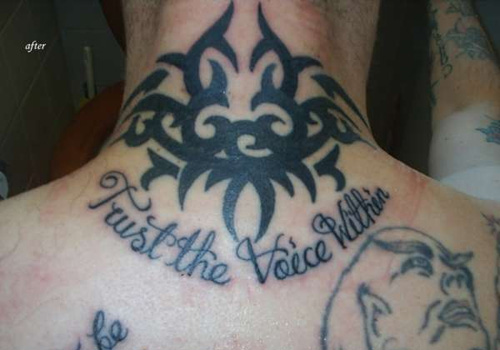 Trust The Voice Within - Tribal Design Tattoo On Man Back Neck