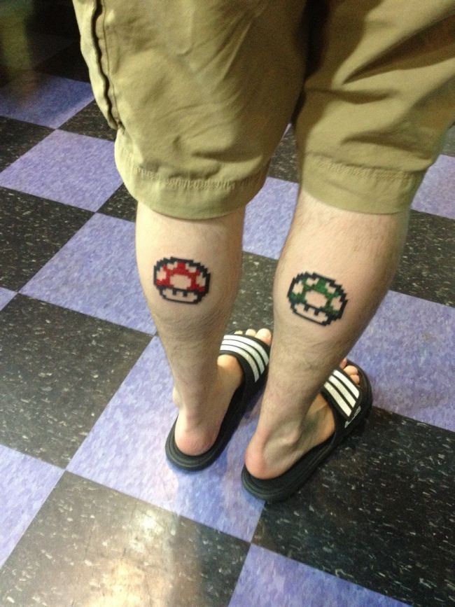 Two Mario Mushroom Tattoo On Both Leg Calf