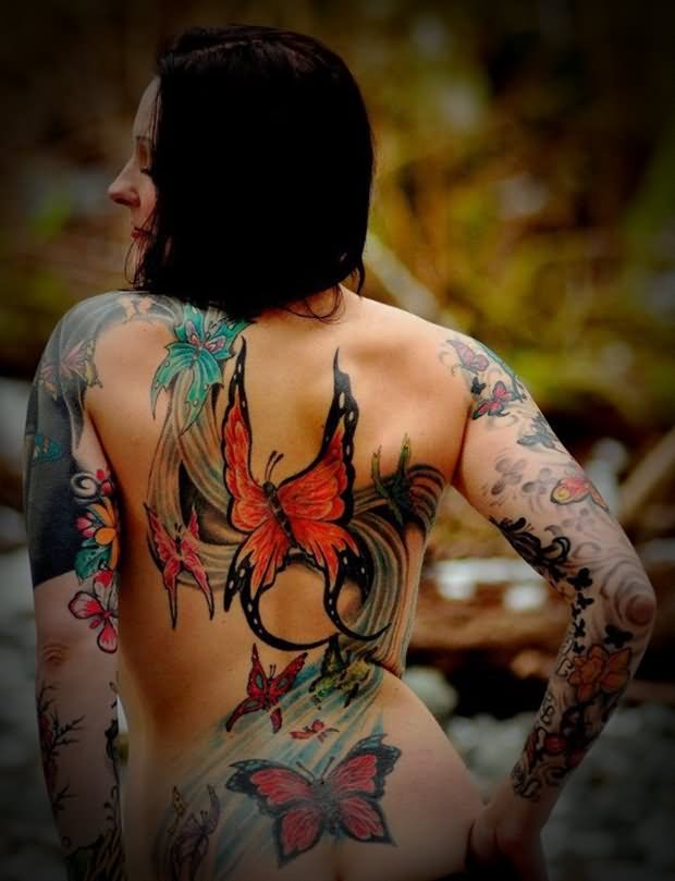 Unique Colorful Flying Butterflies Tattoo On Women Full Back
