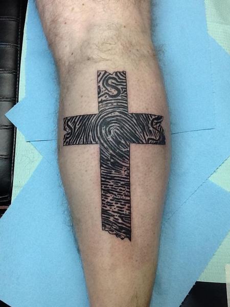 Unique Cross Tattoo On Right Leg Calf