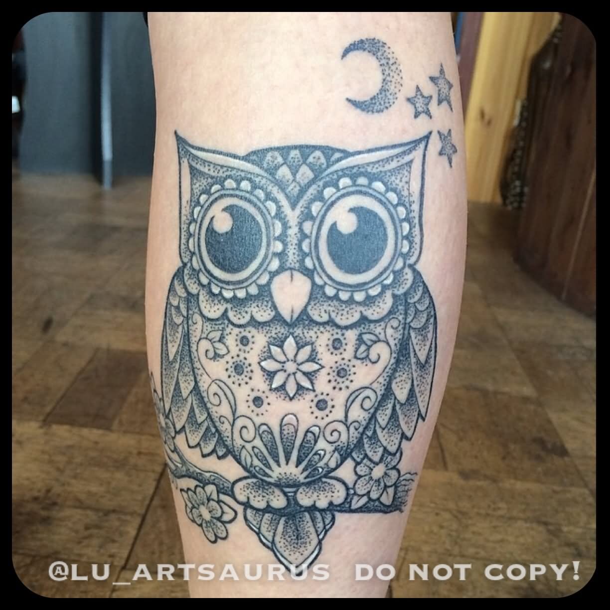 Unique Dotwork Owl Tattoo Design For Leg Calf
