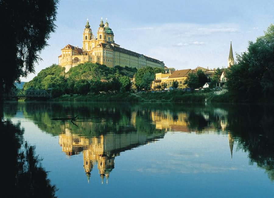 View Of Melk Abbey Across The Danube River In Austria