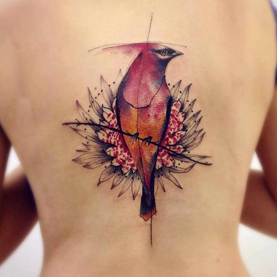 Watercolor Bird With Flower Tattoo On Back