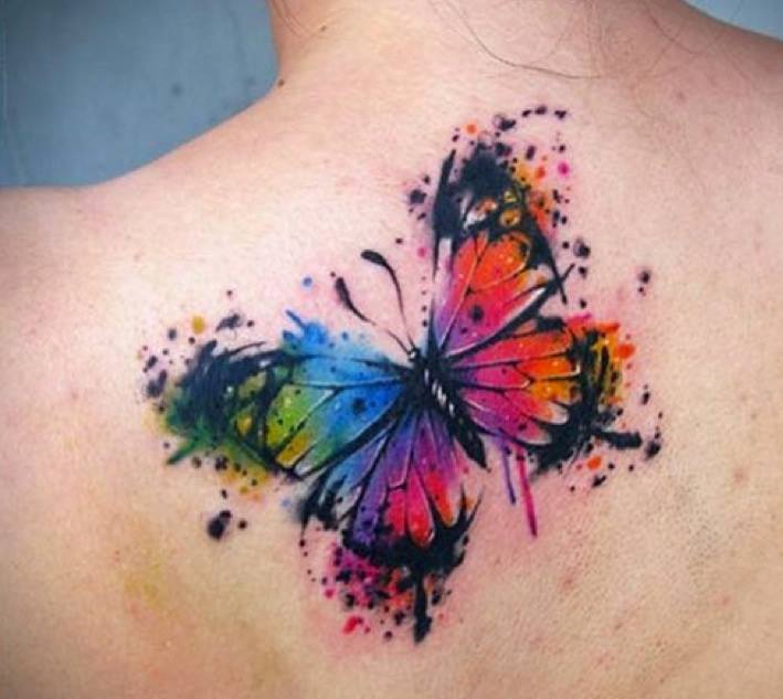 Watercolor Butterfly Tattoo On Upper Back