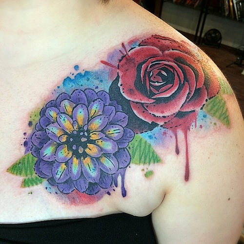 Watercolor Dahlia And Rose Tattoo On Shoulder