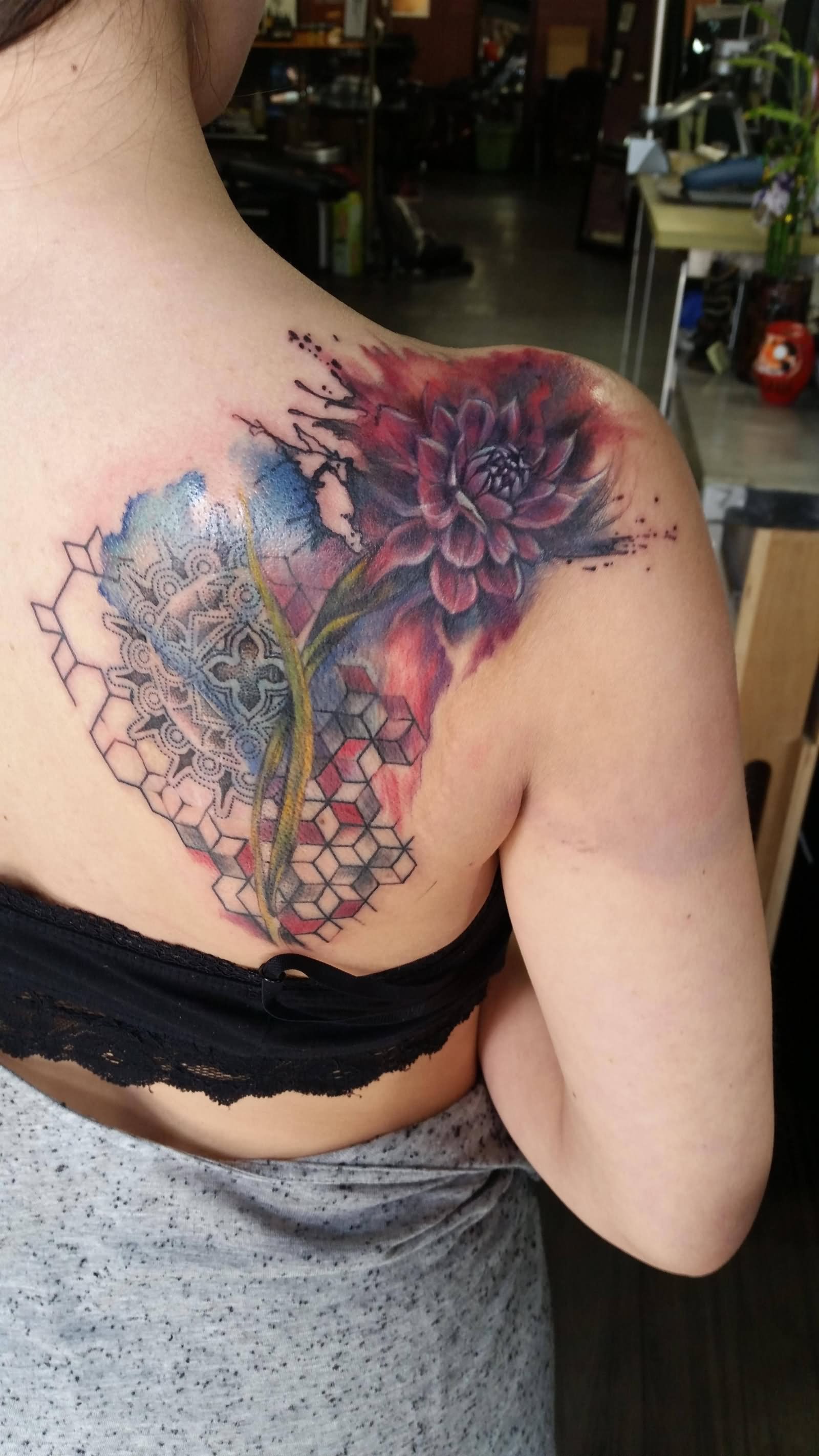 Watercolor Dahlia Flower Tattoo On Right Back Shoulder