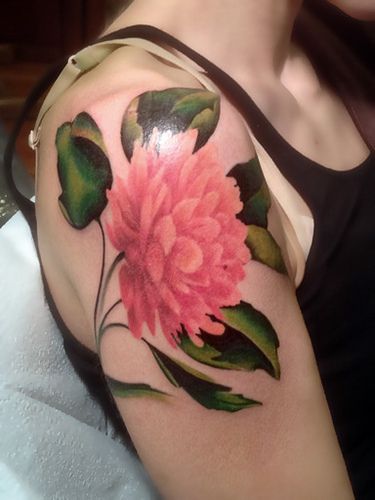 Watercolor Dahlia Flower Tattoo On Right Shoulder