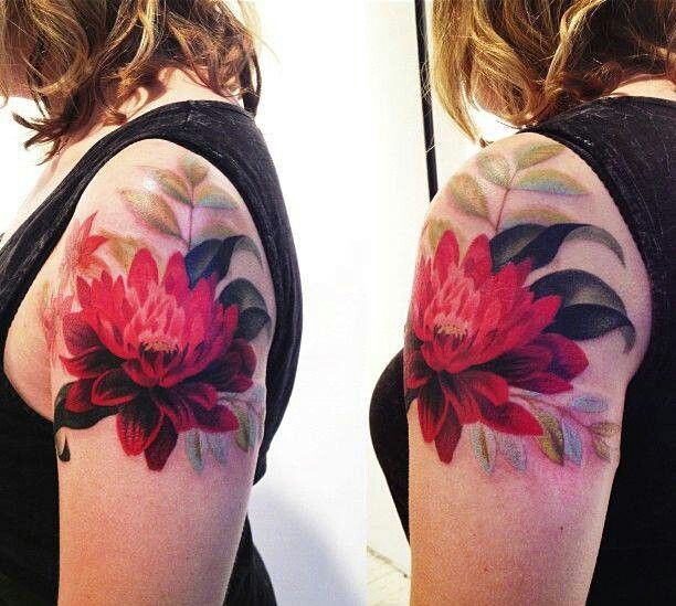 Watercolor Dahlia Flower Tattoo On Women Left Shoulder