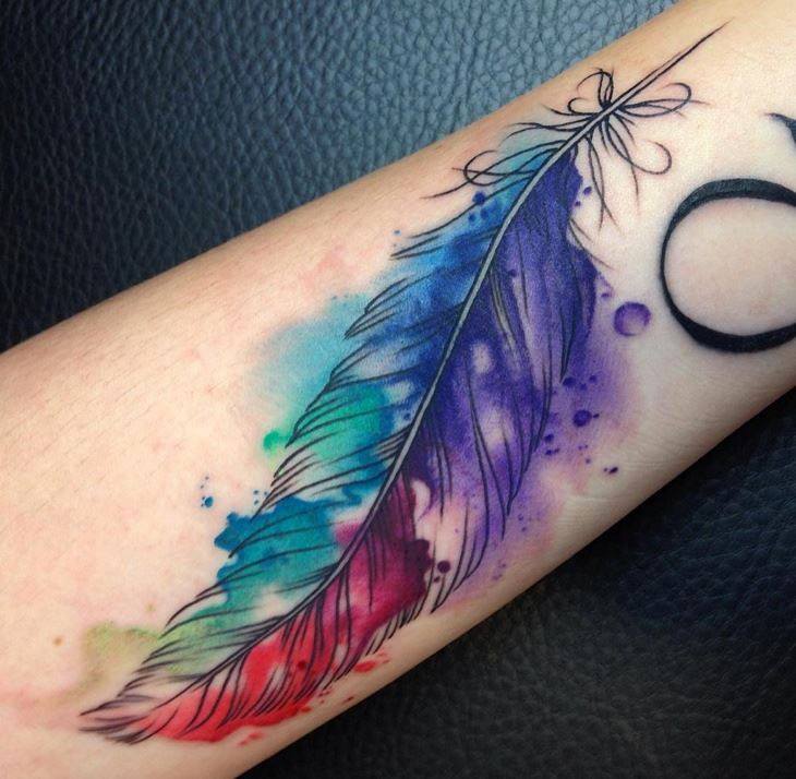 Watercolor Feather Tattoo On Arm