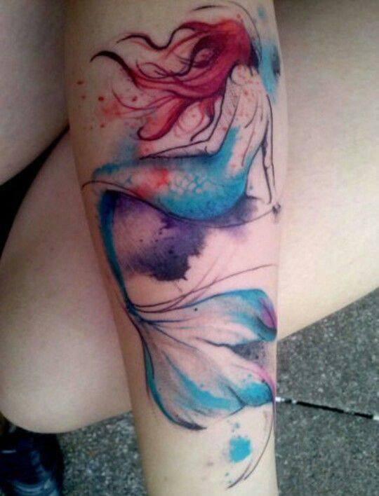 Watercolor Mermaid Tattoo On Right Arm