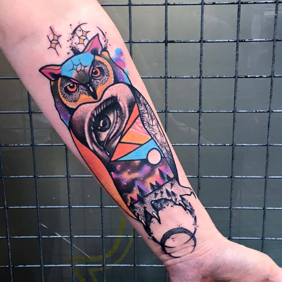 Watercolor Owl Tattoo On Left Forearm