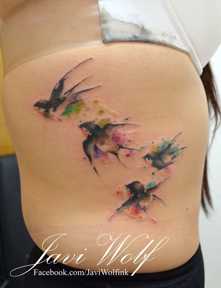 Watercolor Sparrow Tattoos On Side Rib