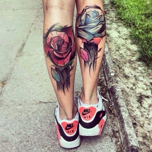 Watercolor Two Rose Tattoo On Girl Both Leg Calf