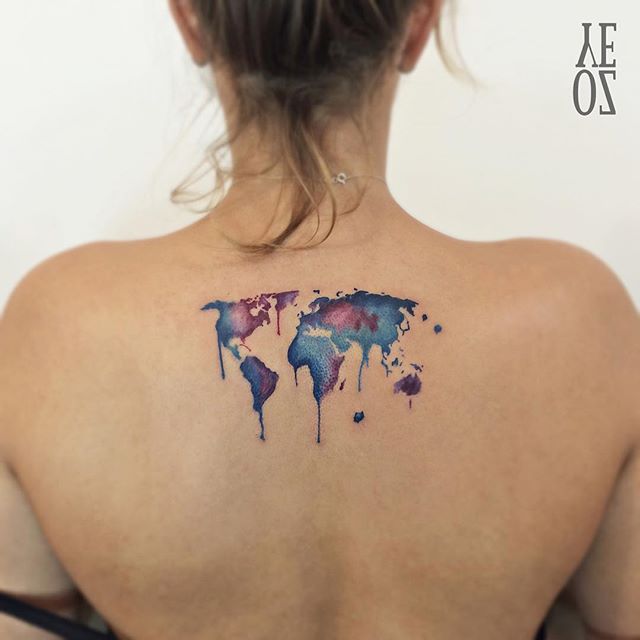 Watercolor World Map Tattoo On Upper Back