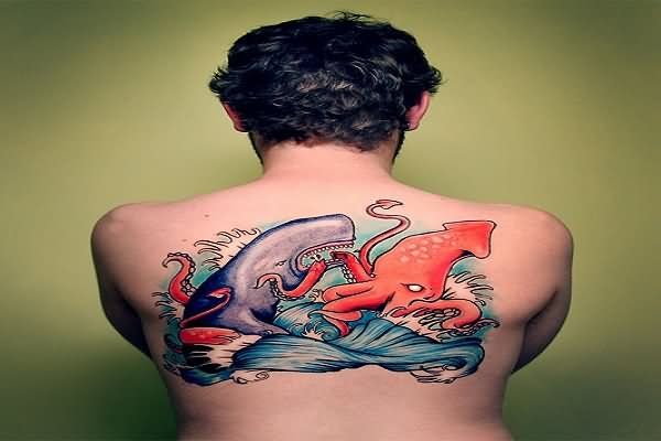 Whale Vs Giant Squid Tattoo On Upper Back