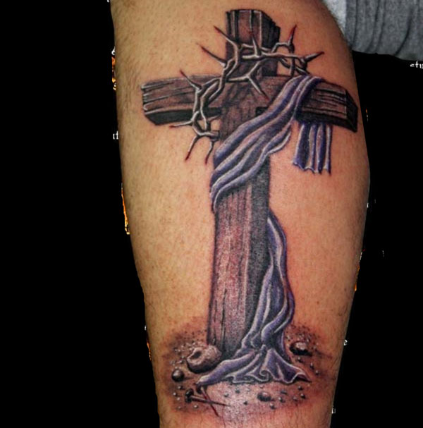 Wooden Cross With Barbed Crown Tattoo Design For Leg Calf
