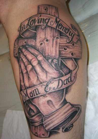 Wooden Cross With Praying Hands And Banner Tattoo Design For Leg Calf