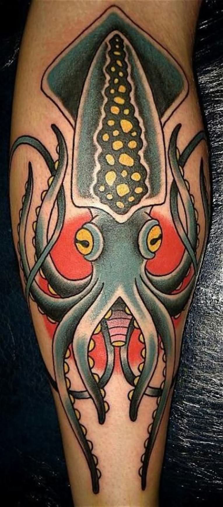 Yellow Eyes Traditional Squid Tattoo