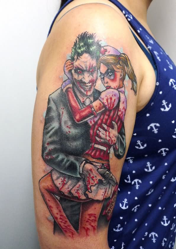 Zombie Joker And Harley Quinn Tattoo On Right Half Sleeve