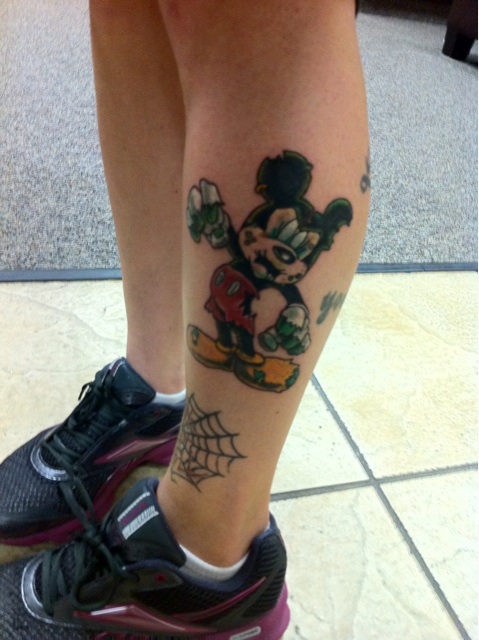 Zombie Mickey Mouse Tattoo On Left Side Leg Calf
