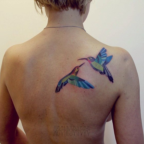 Abstract Colibri Tattoo On Right Back Shoulder by Sasha Unisex