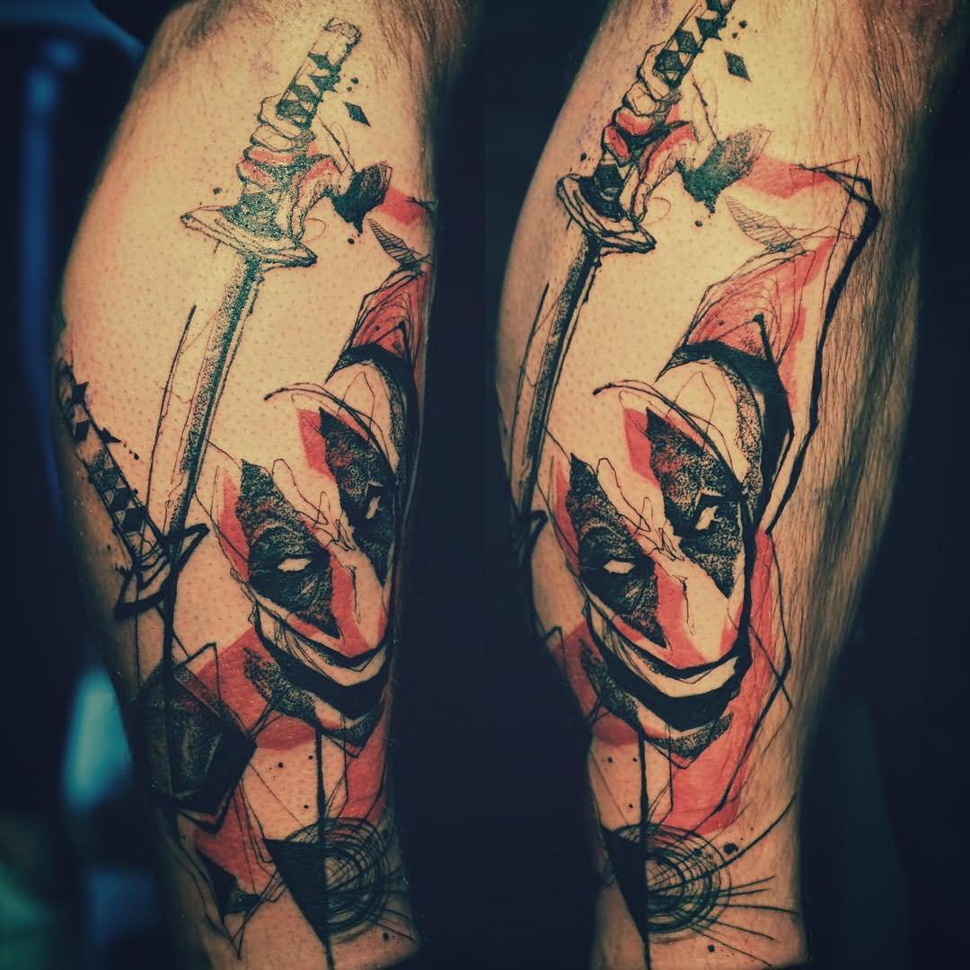 Abstract Deadpool Tattoo Design For Leg Calf