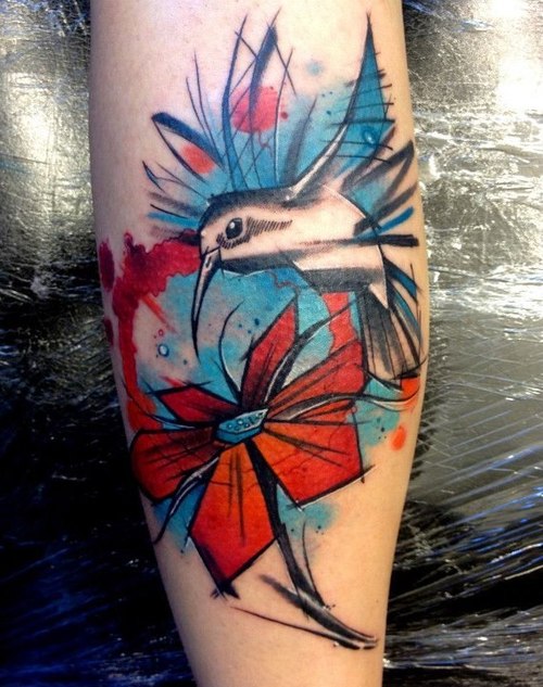 Abstract Flower And Colibri Tattoo On Leg Calf