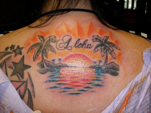 Aloha Sunset Palm Tree Tattoo On Upper Back