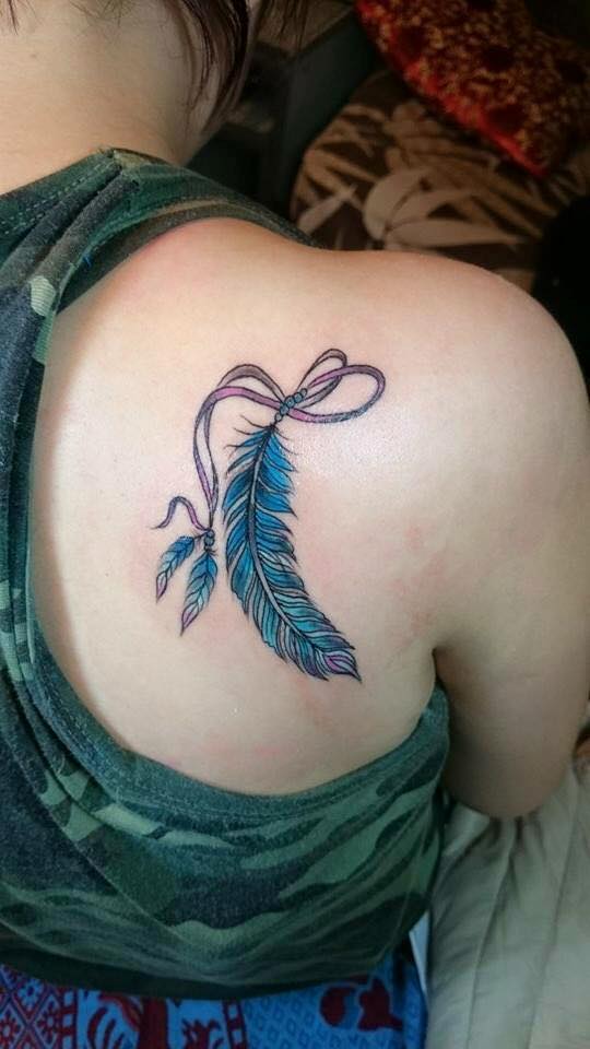 Amazing Blue Feather Tattoo On Right Back Shoulder