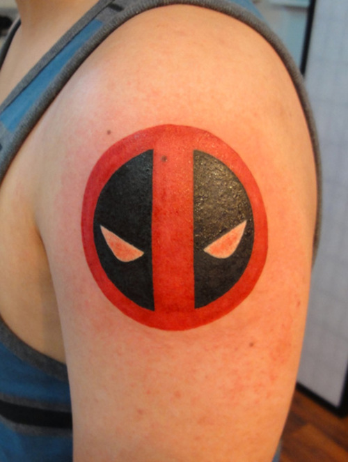 Amazing Deadpool Logo Tattoo On Left Shoulder