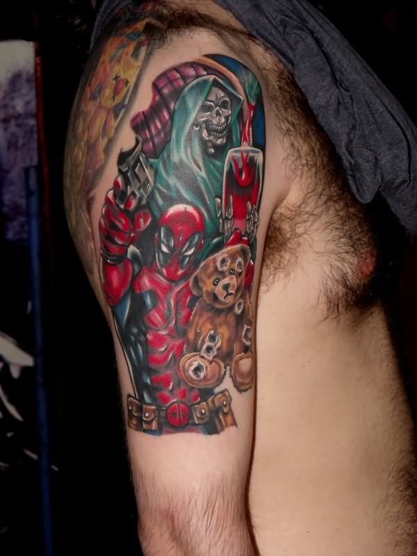 Amazing Deadpool Tattoo On Right Half Sleeve By SoullessMonster