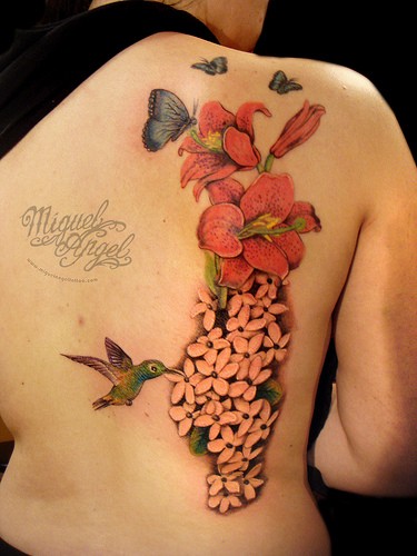 Amazing Flowers With Butterflies And Colibri Tattoo On Full Back