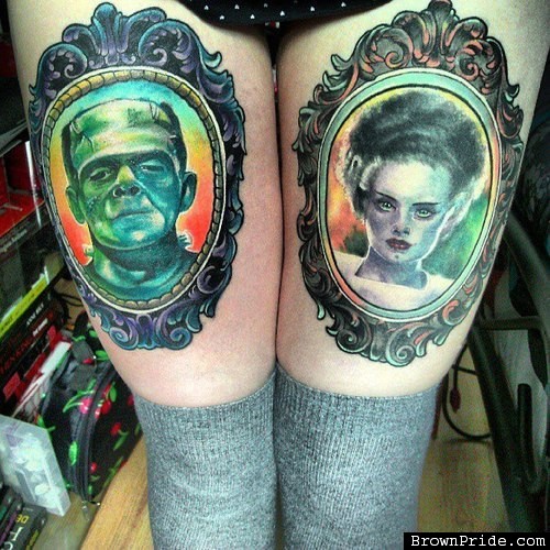Amazing Frankenstein And Bride In Frame Tattoo On Both Thigh By Krzysztof  Domanowski