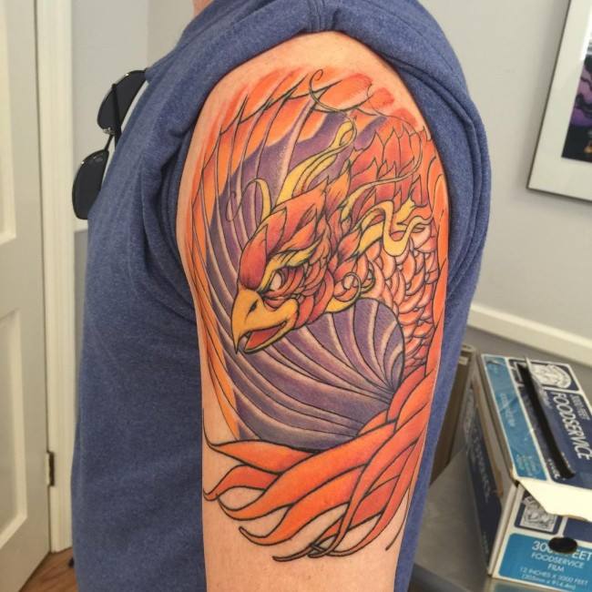 Amazing Phoenix Tattoo On Left Shoulder