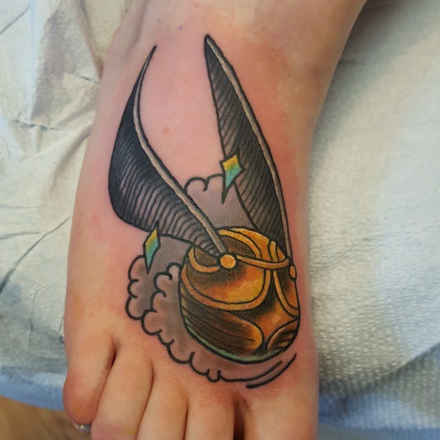 Amazing Snitch Tattoo On Right Foot By Dave Hoffman