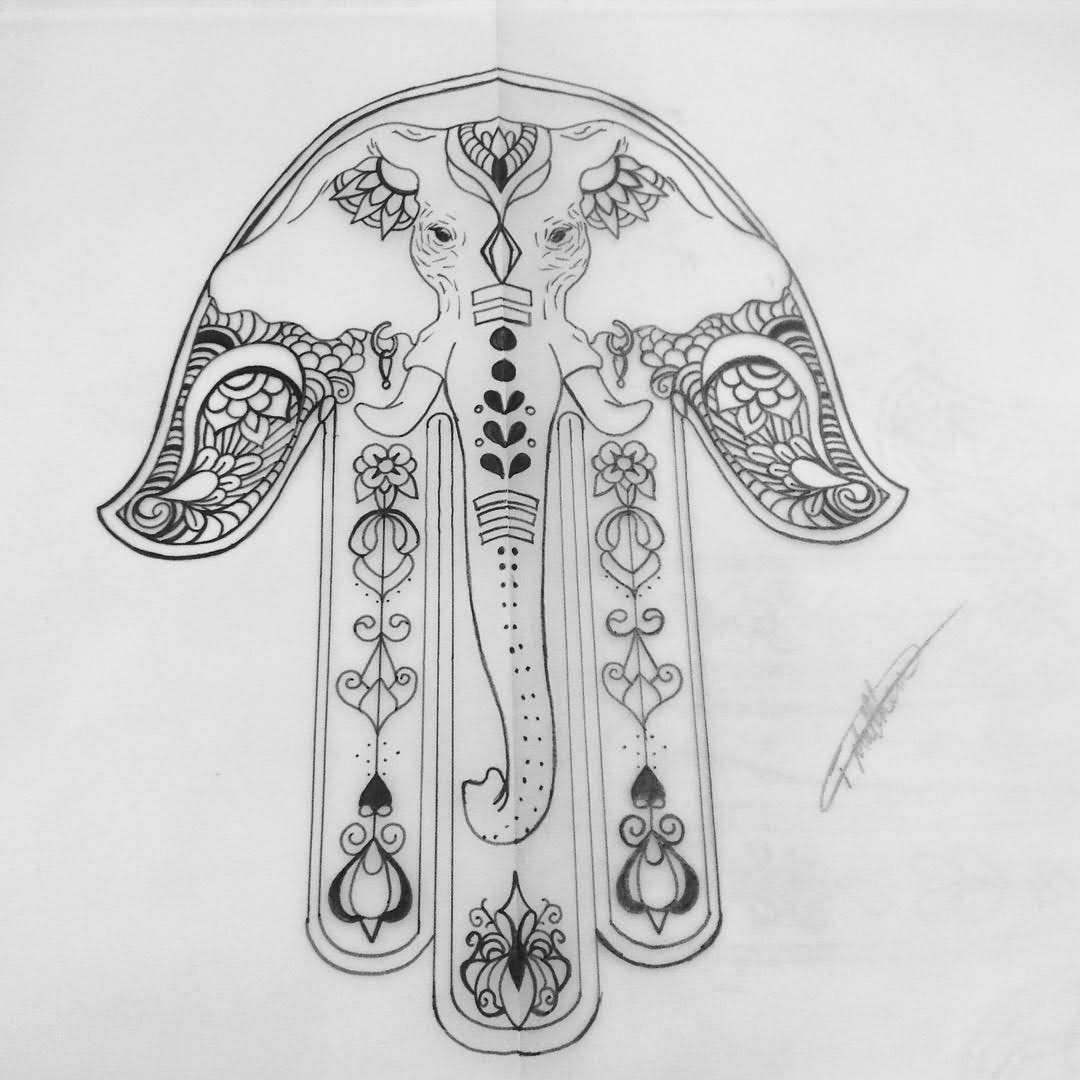 Attractive Black Outline Hamsa Elephant Tattoo Design
